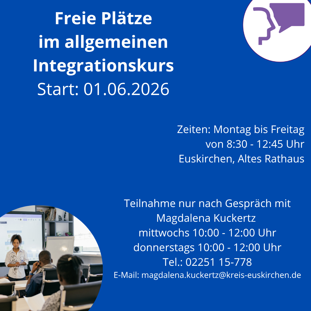 blaue Kachel mit Text vhs Fachbereichslogo Sprachen und Foto Blick auf ein Whiteboard mit Dozent und sitzenden Teilnehmenden von hinten