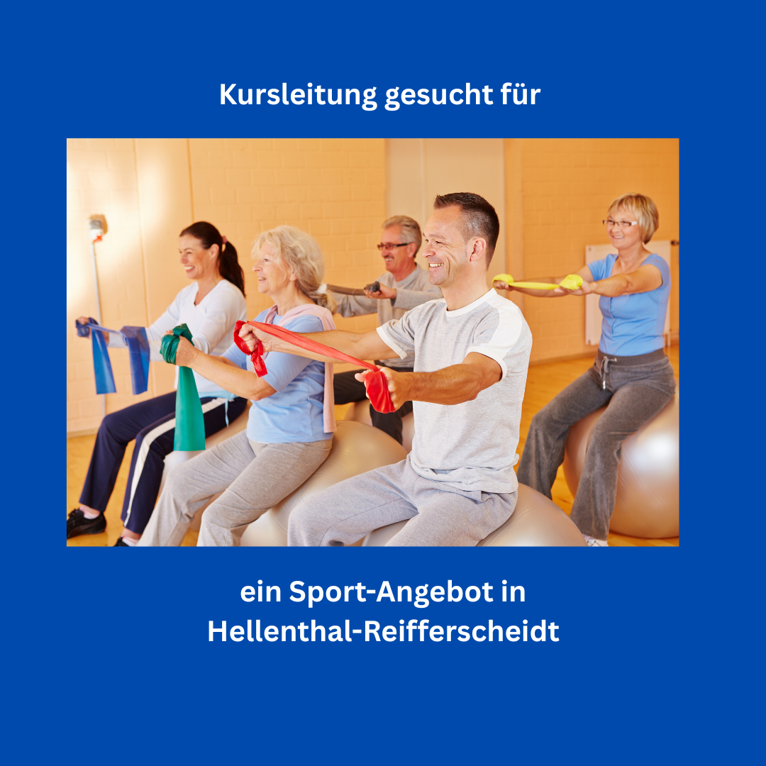 Öffnet die Seite 'Kursleitung gesucht für ein sportliches Angebot' Blaue Kachel mit Text und Foto (5 Personen sitzen jeweils auf einem Pezziball und halten ein Theraband quer vor der Brust)
